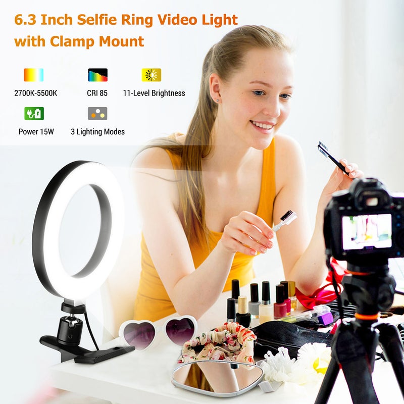6.3 Inch 2700K-5500K Selfie Ring Video Light with Clamp Mount Tabletop Tripod 3 Dimmable Colors 11 Brightness Levels 360 Degrees Rotatable for Desk Bed Office Online Teaching Makeup Video Recording Live Steaming - Image 3