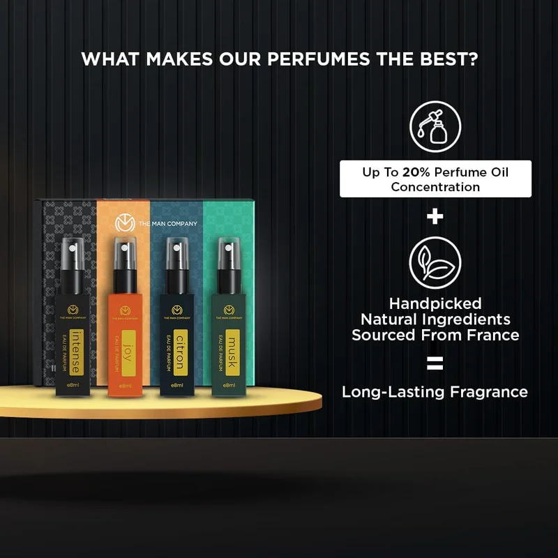 ذا مان كومباني Everyday Use Pocket Perfume for Men 4 * 8ml with Intense, Musk,Joy & Citron for Office Going, Party, Date & Travelling | Long Lasting Fragrance Set for Him