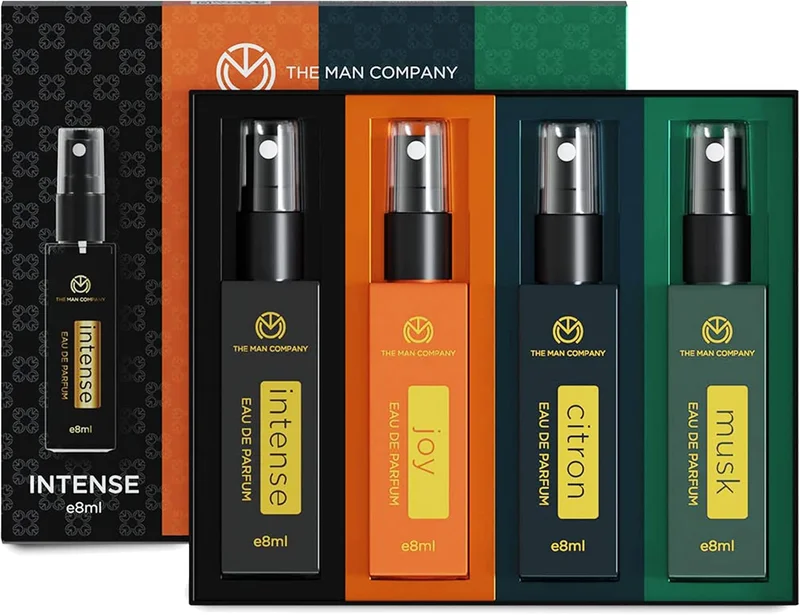 ذا مان كومباني Everyday Use Pocket Perfume for Men 4 * 8ml with Intense, Musk,Joy & Citron for Office Going, Party, Date & Travelling | Long Lasting Fragrance Set for Him