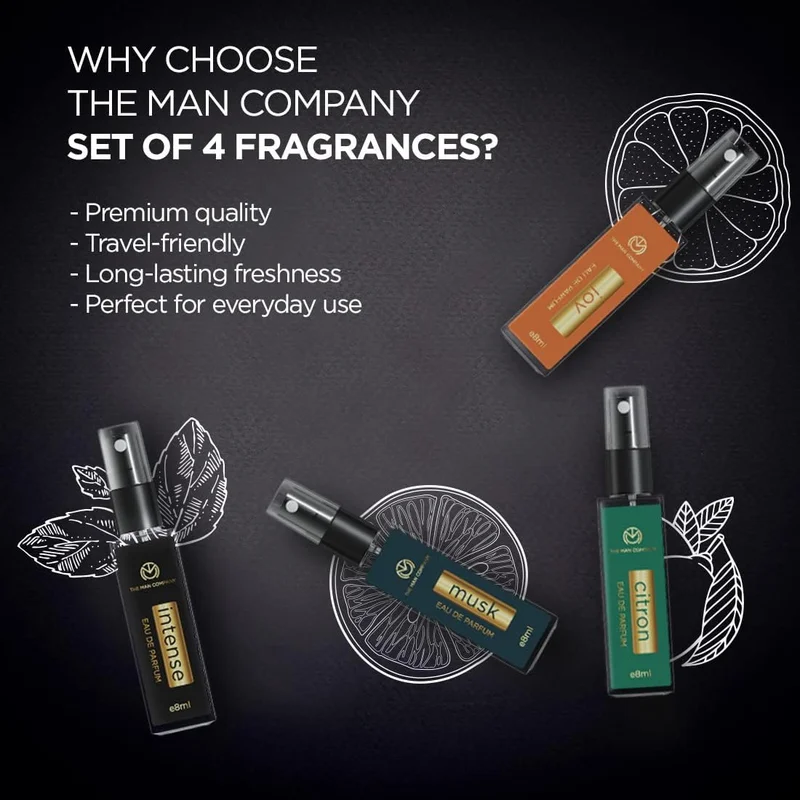 The Man Company  Everyday Use Pocket Perfume for Men 4 * 8ml with Intense, Musk,Joy & Citron for Office Going, Party, Date & Travelling | Long Lasting Fragrance Set for Him for Men | Best Price UAE