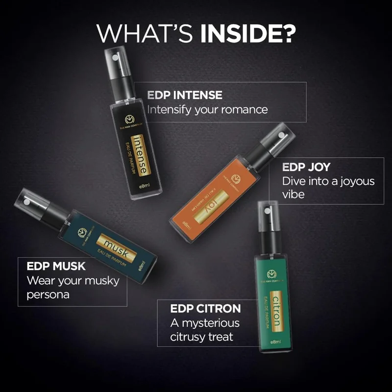The Man Company  Everyday Use Pocket Perfume for Men 4 * 8ml with Intense, Musk,Joy & Citron for Office Going, Party, Date & Travelling | Long Lasting Fragrance Set for Him for Men | Best Price UAE