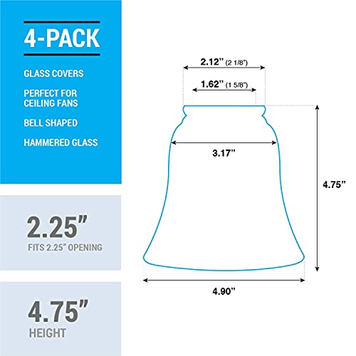 KOR Ceiling Fan Light Covers, Glass Replacement Shades for Ceiling Fans, and Light Fixtures, Bell Shape Clear Glass with Decorative Hammered Finish. Hight 4.75” – Width 4.9” – Opening Fitter Size 2.25”. - Image 4