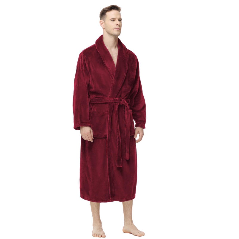 Yurhap Mens Fleece Robe, Soft Plush Robe for Men, Fluffy Bathrobe with Belt & 2 Pockets, Burgundy, 2X-3X - Image 1
