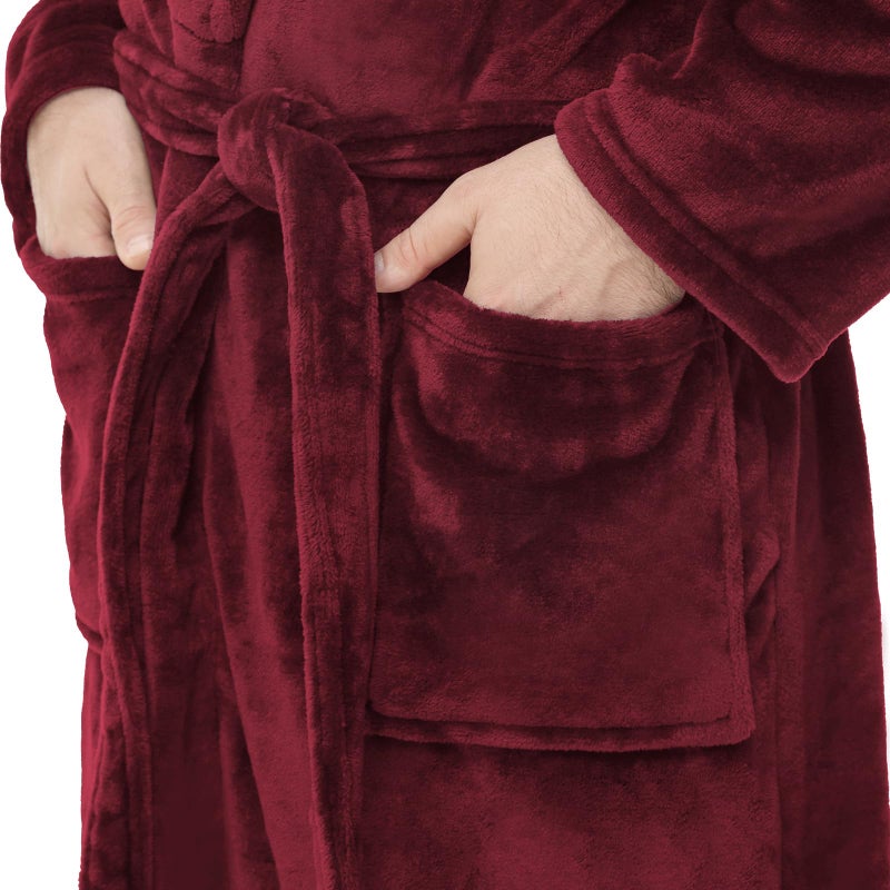 Yurhap Mens Fleece Robe, Soft Plush Robe for Men, Fluffy Bathrobe with Belt & 2 Pockets, Burgundy, 2X-3X - Image 5
