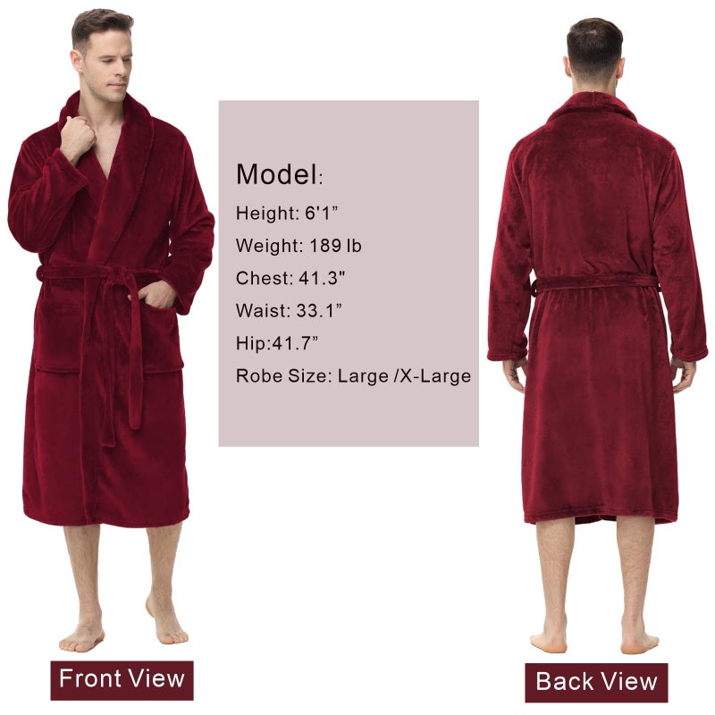Yurhap Mens Fleece Robe, Soft Plush Robe for Men, Fluffy Bathrobe with Belt & 2 Pockets, Burgundy, 2X-3X - Image 3