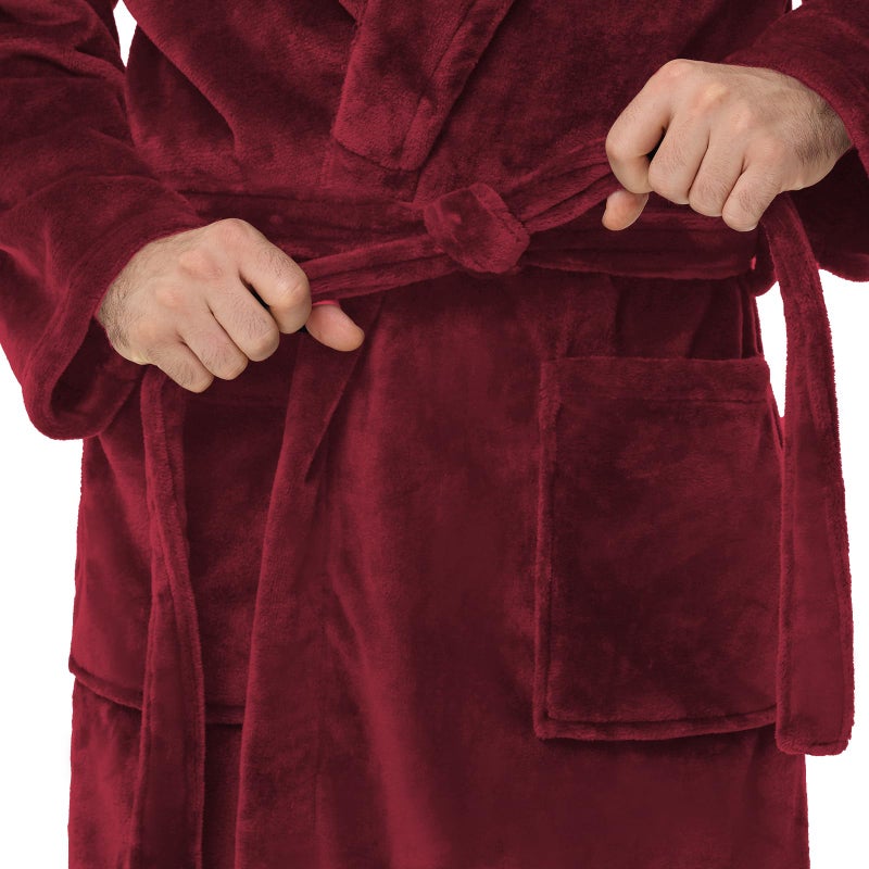 Yurhap Mens Fleece Robe, Soft Plush Robe for Men, Fluffy Bathrobe with Belt & 2 Pockets, Burgundy, 2X-3X - Image 4