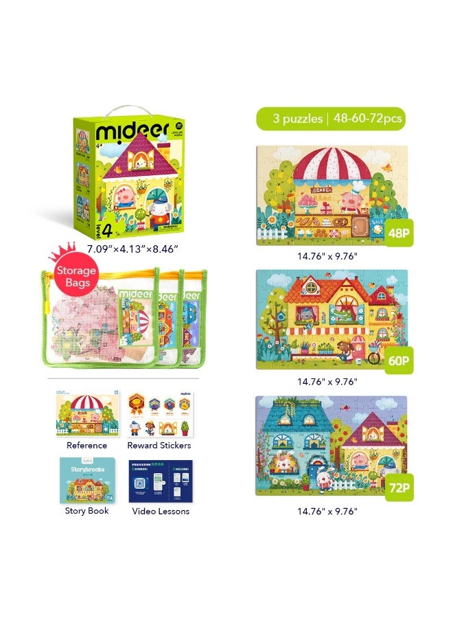 MiDeer Level Up Fairy Tale Town Puzzle Set with Storage Bag Level 4, 3 Progressive Jigsaw Puzzles for Kids 4+, 48-72 Piece Educational Animal Town Puzzle Game for Cognitive Learning - Image 1