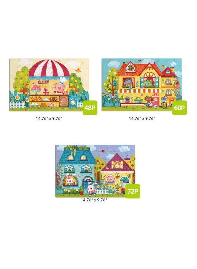 MiDeer Level Up Fairy Tale Town Puzzle Set with Storage Bag Level 4, 3 Progressive Jigsaw Puzzles for Kids 4+, 48-72 Piece Educational Animal Town Puzzle Game for Cognitive Learning - Image 2