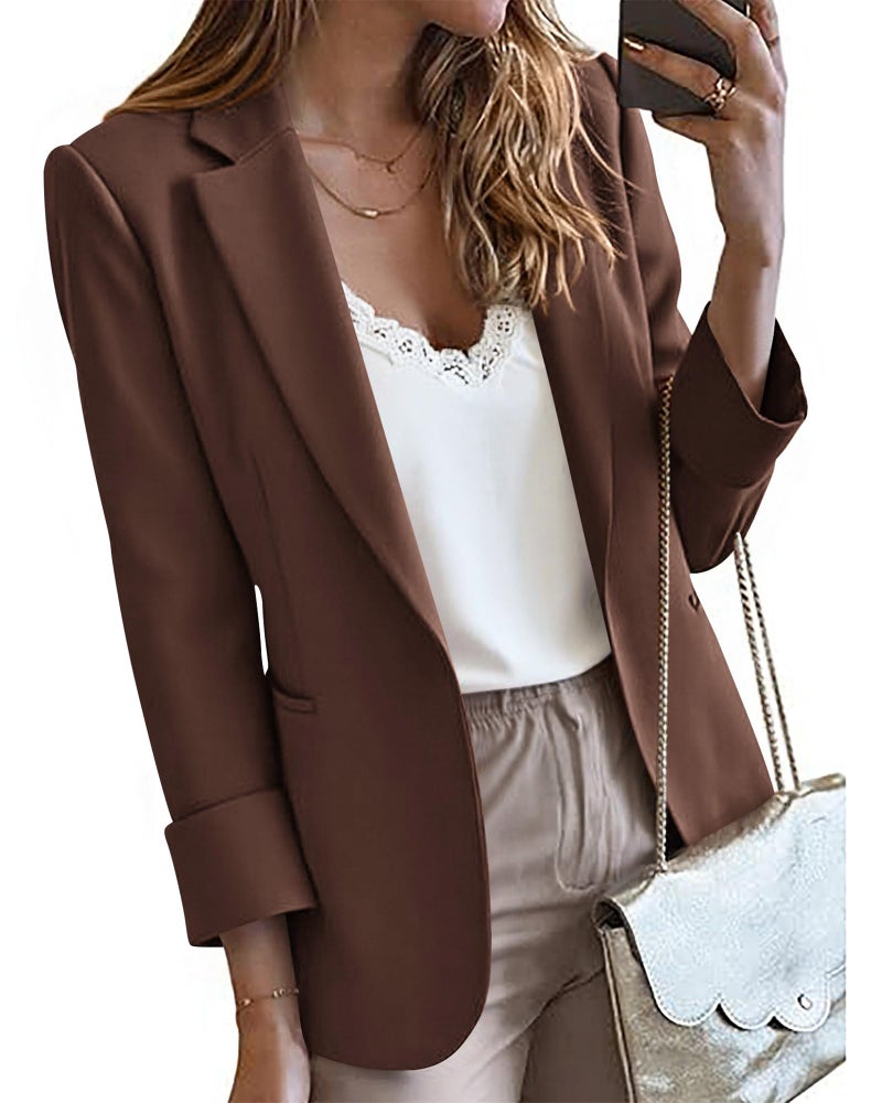 KIRUNDO Blazers for Women Business Casual Long Sleeve Open Front Lapel Suit Jackets Office Work Blazer Pockets Fall Clothes(Brown, Small) - Image 1
