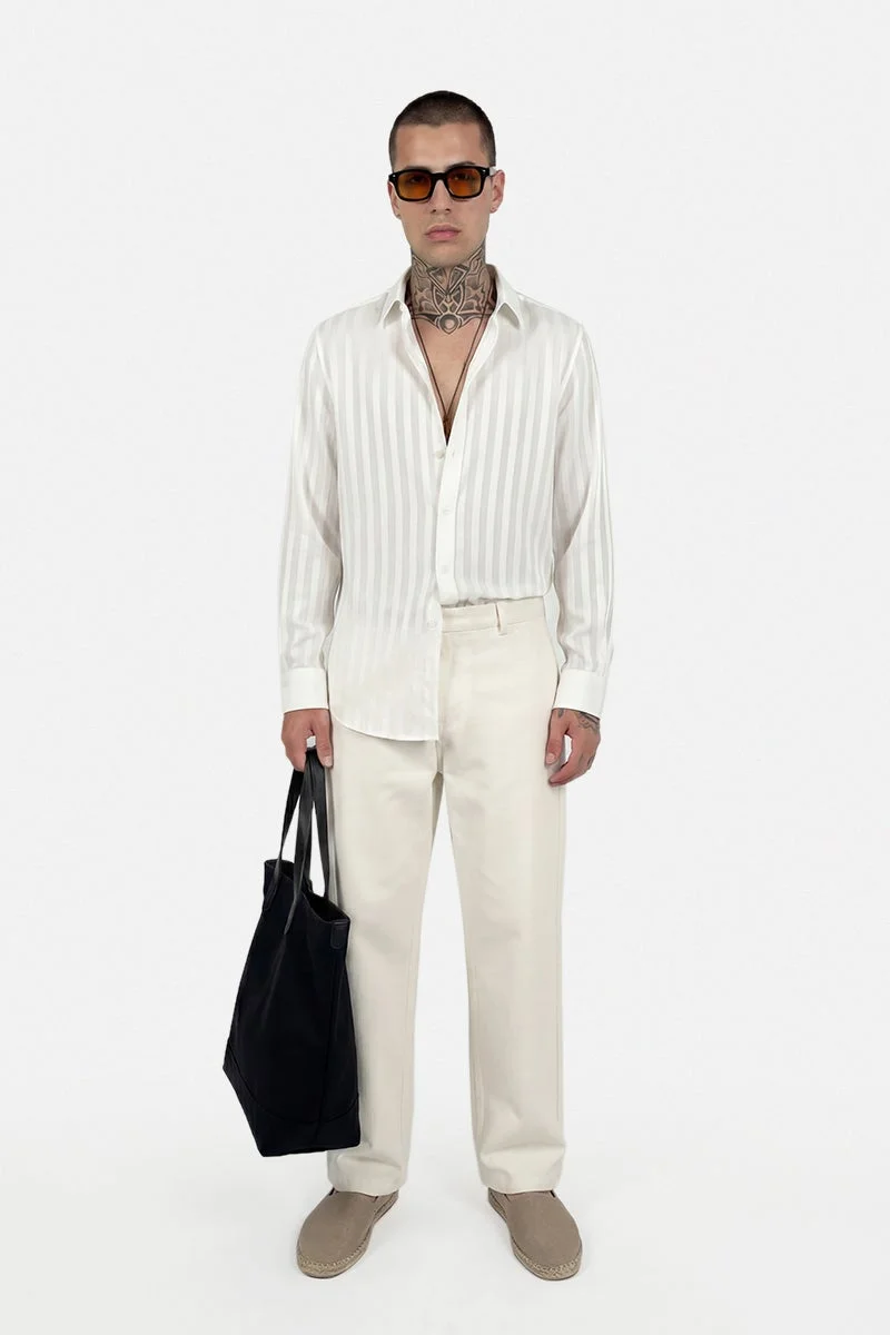 سنيتش Off-White Striped Long Sleeve Slim Fit Casual Shirt