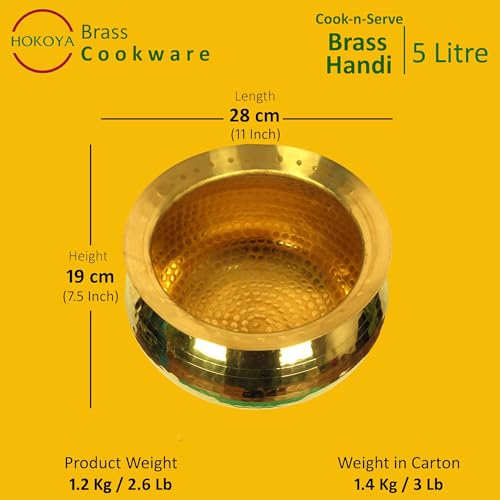 HOKOYA Brass Mirror Finished, Brushed Handi For Cooking 5 Litre Capacity Shiny And Sturdy Perfectly Fit In Your Home Kitchen, Hotel, Restaurant | Brass Utensils Golden - Image 2