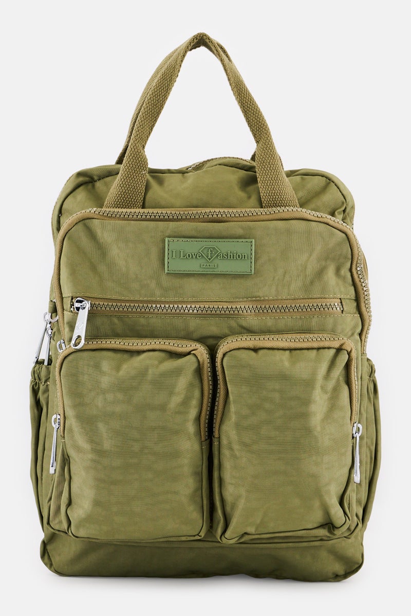I Love Fashion Women Brand Logo Backpack, Olive - Image 1