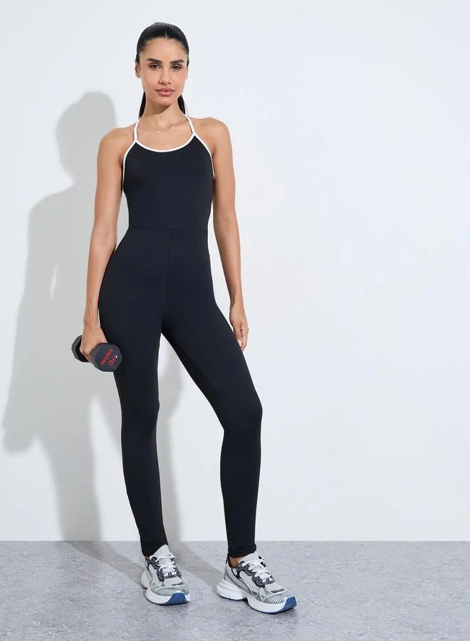 Styli Active  Black Solid Contrast Straps Active Unitard for Women | Best Price UAE