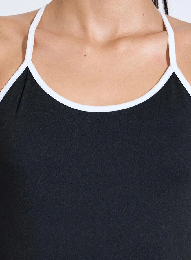 Styli Active  Black Solid Contrast Straps Active Unitard for Women | Best Price UAE