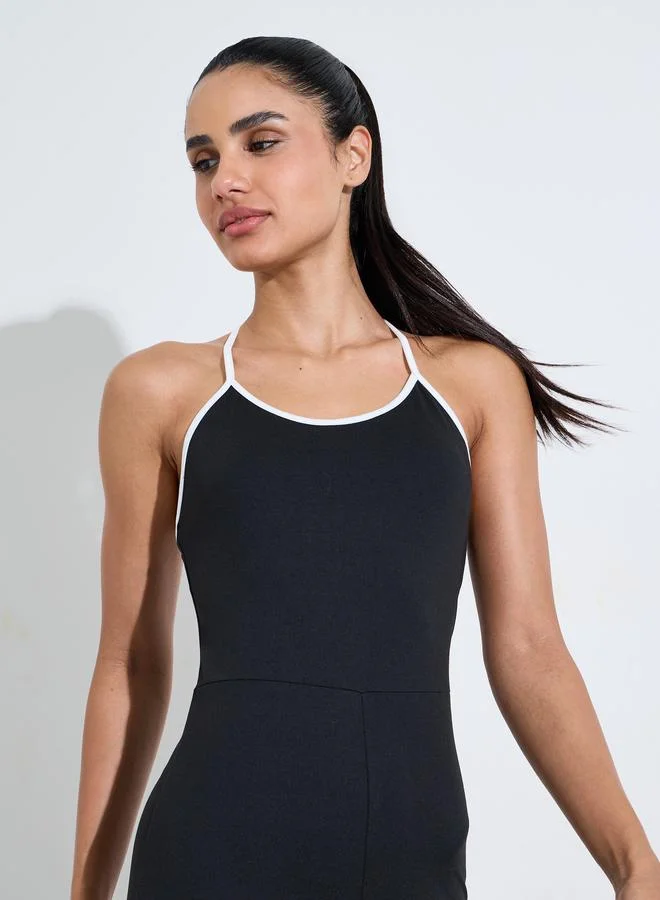 Styli Active  Black Solid Contrast Straps Active Unitard for Women | Best Price UAE