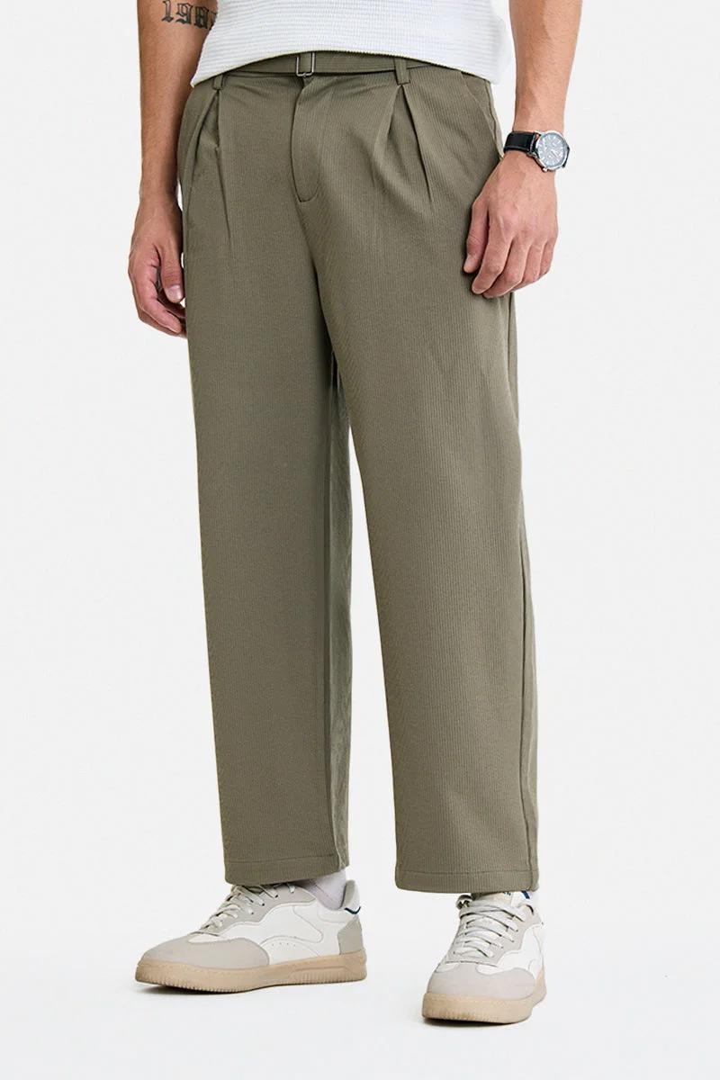 SNITCH Olive Ribbed Wide Leg Casual Trousers