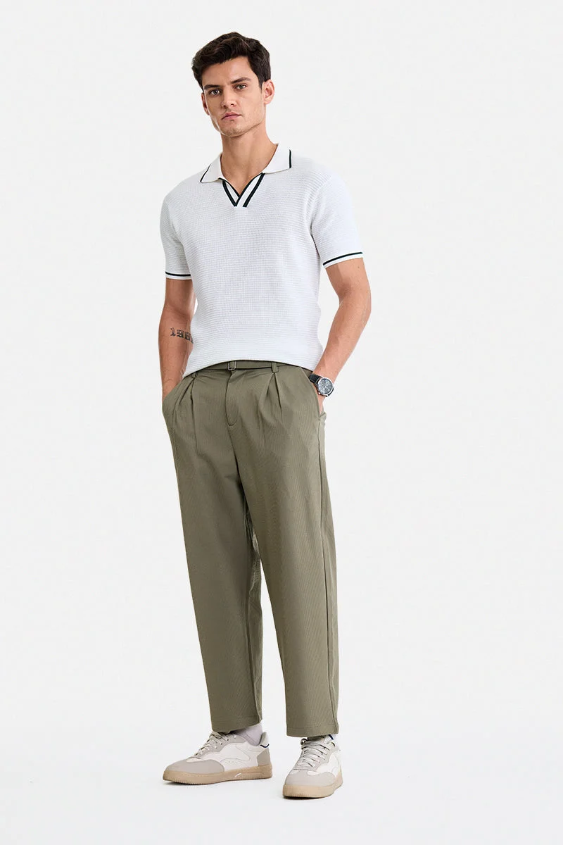 SNITCH Olive Ribbed Wide Leg Casual Trousers