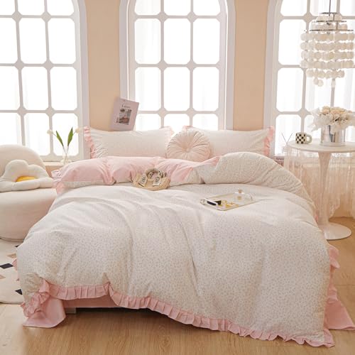 MOTNTD Pink Floral Queen Duvet Cover Pink Ruffle Coquette Comforter Cover Queen Size Cotton Boho Aesthetic Cute Duvet Cover Set with 4 Corner Ties Soft Queen Bedding Set Striped Duvet Protector - Image 1