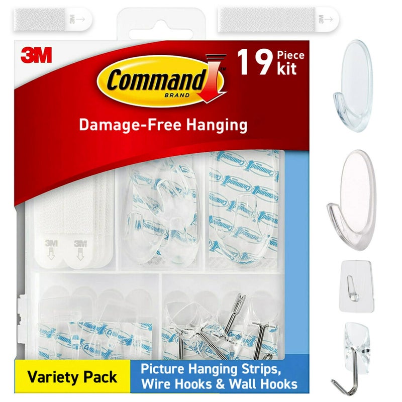 Command Command Clear Variety Pack, Including 8 Pairs of Picture Hanging Strips, 4 Clear Wire Hooks and 11 Wall Hooks for Hanging Home Decor, Damage Free Hanging Up to 19 Items with Command Strips  - Image 1