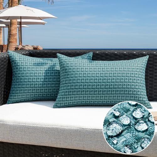 K KEVIN TEXTILE Kevin Textile Outdoor Waterproof Throw Pillow Covers Pack of 2 Farmhouse Decorative Cushion Covers for Garden Patio Tent Balcony Bench Couch Sofa 12x20 Inch Teal - Image 1