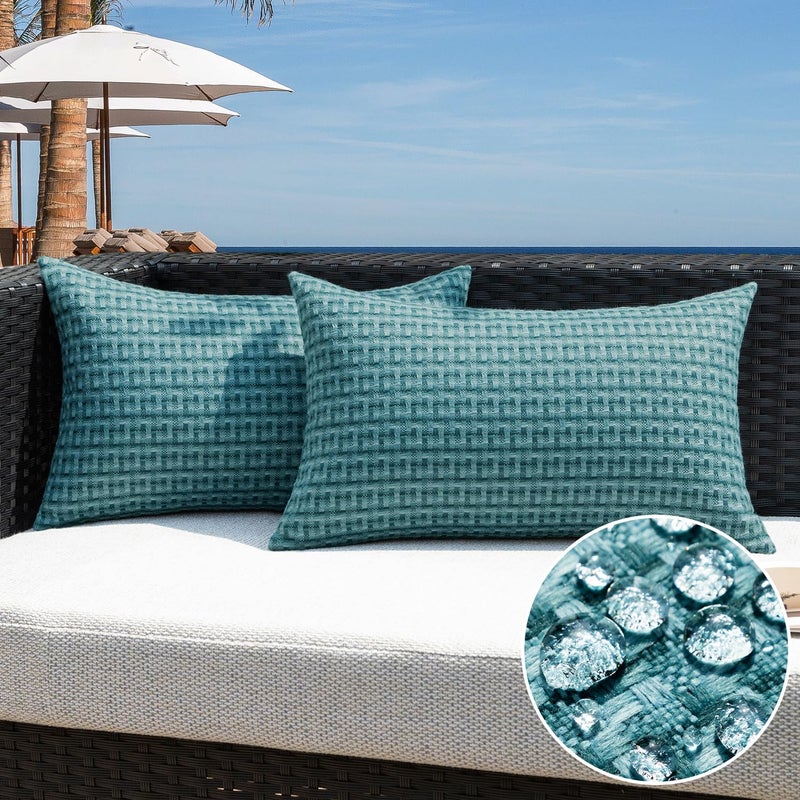 K KEVIN TEXTILE Kevin Textile Outdoor Waterproof Throw Pillow Covers Pack of 2 Farmhouse Decorative Cushion Covers for Garden Patio Tent Balcony Bench Couch Sofa 12x20 Inch Teal - Image 2