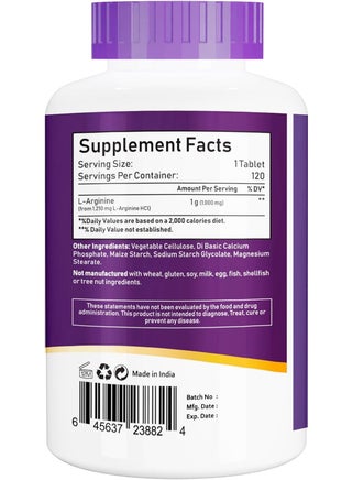 L-Arginine 1,000 mg Nitric Oxide Precursor Amino Acid 120 Tablets - view 2