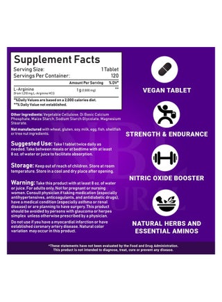 L-Arginine 1,000 mg Nitric Oxide Precursor Amino Acid 120 Tablets - view 4