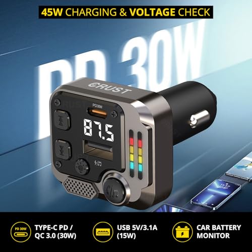 CRUST CS60 Car Bluetooth Receiver Device for Music System, FM Transmitter, Big Mic for Hands-Free Calling, 45W PD/USB Fast Car Charger, BT v5.3, Music-Sync Lights, USB MP3 Playback, Metal Rim Design - Image 3