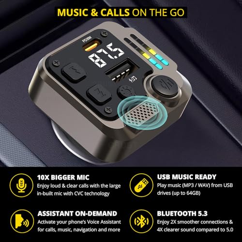 CRUST CS60 Car Bluetooth Receiver Device for Music System, FM Transmitter, Big Mic for Hands-Free Calling, 45W PD/USB Fast Car Charger, BT v5.3, Music-Sync Lights, USB MP3 Playback, Metal Rim Design - Image 2