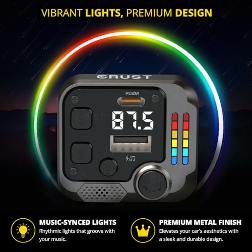 CRUST CS60 Car Bluetooth Receiver Device for Music System, FM Transmitter, Big Mic for Hands-Free Calling, 45W PD/USB Fast Car Charger, BT v5.3, Music-Sync Lights, USB MP3 Playback, Metal Rim Design - Image 4
