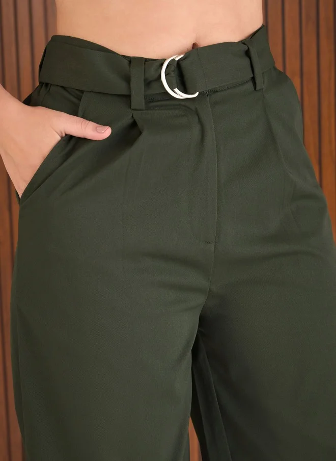 ساسافراس Olive Green High-Rise Pleated Trousers for Women