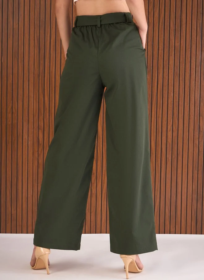 ساسافراس Olive Green High-Rise Pleated Trousers for Women