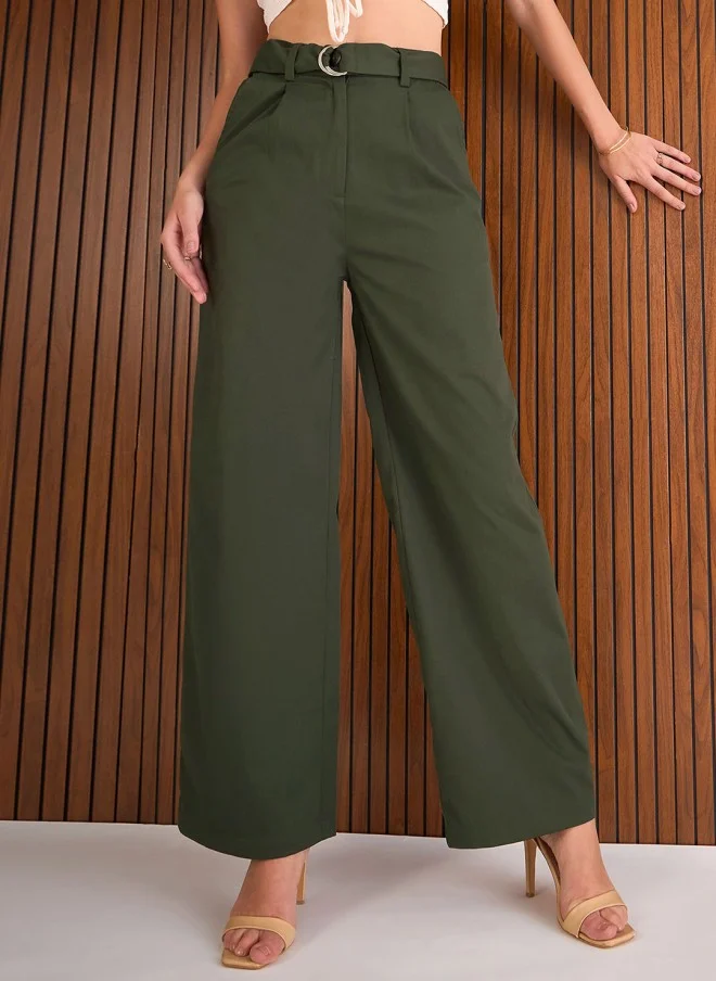 ساسافراس Olive Green High-Rise Pleated Trousers for Women