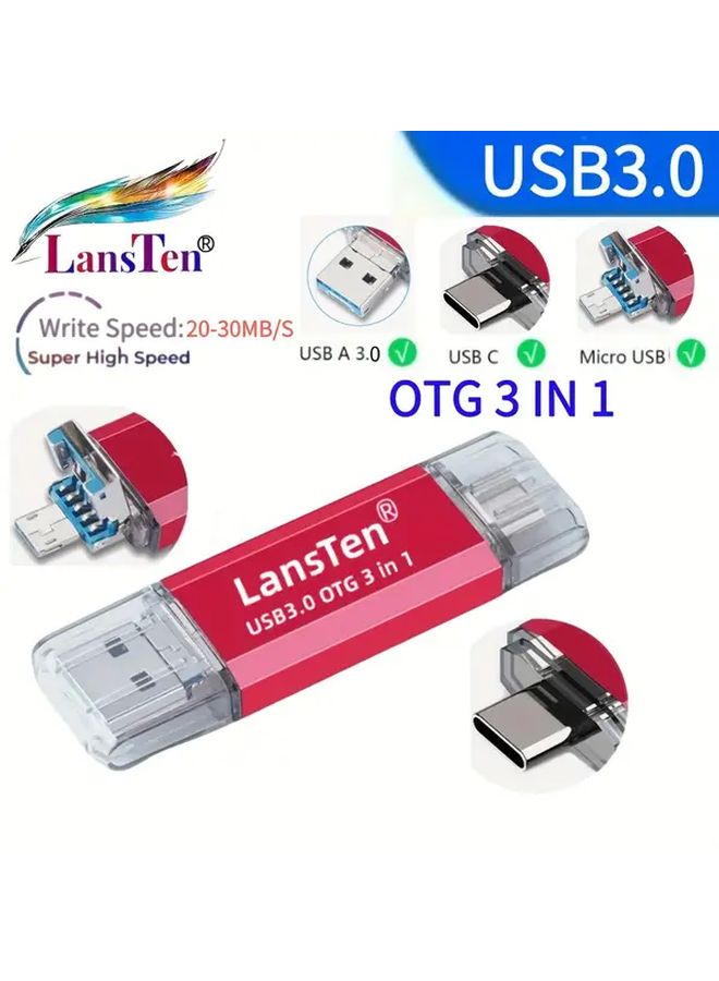 لانسن 3 في 1 عالي السرعة يو إس بي 3.0 ستيك صور 128 جيجابايت لأجهزة أندرويد نوع سي / يو إس بي سي - Image 2