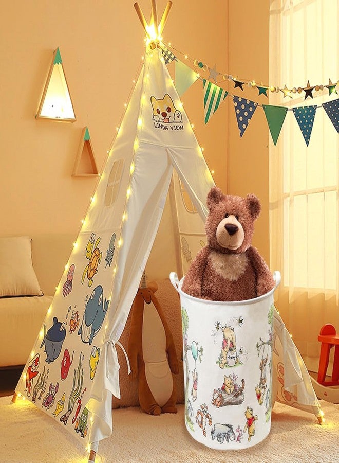 CORODER Oval Cute Bear Nursery Storage Basket With A Waterproof PE Coating, Foldable Large Canvas Laundry Hamper, Barrel Shaped Decorative Storage Baskets Suitable For Bathroom and Bedroom (White) - Image 2