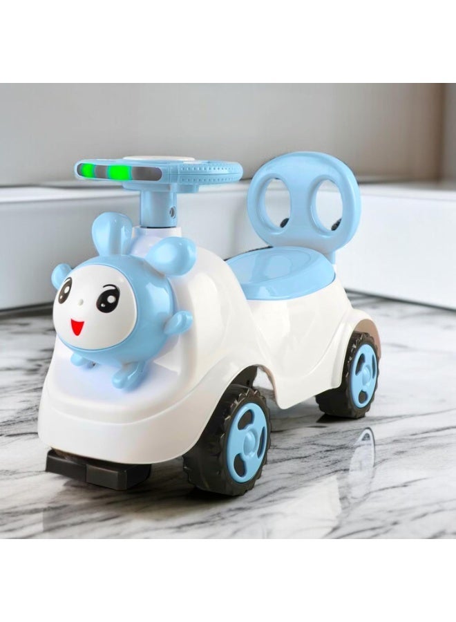 STORE 7 Rabbit-shaped ride-on car for children with a steering wheel and handlebars, comfortable backrest, music and lights, storage under the seat, and large, safe wheels. Ideal for developing motor skills in children aged 2 and up. Blue color. 55 x 43 x 35 cm. - Image 2