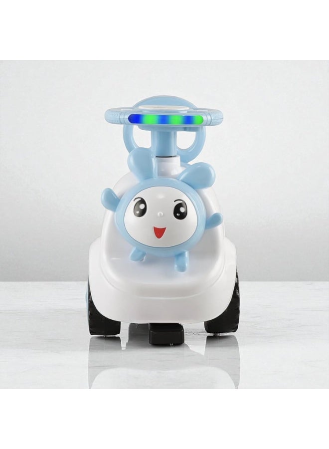 STORE 7 Rabbit-shaped ride-on car for children with a steering wheel and handlebars, comfortable backrest, music and lights, storage under the seat, and large, safe wheels. Ideal for developing motor skills in children aged 2 and up. Blue color. 55 x 43 x 35 cm. - Image 5