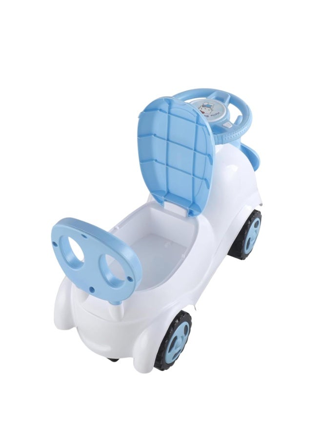 STORE 7 Rabbit-shaped ride-on car for children with a steering wheel and handlebars, comfortable backrest, music and lights, storage under the seat, and large, safe wheels. Ideal for developing motor skills in children aged 2 and up. Blue color. 55 x 43 x 35 cm. - Image 4