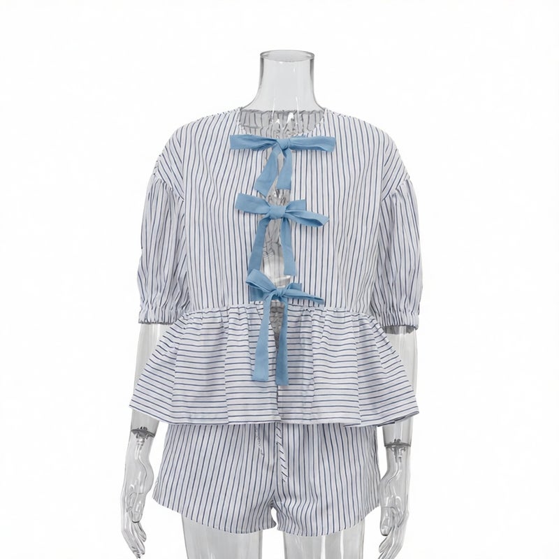 Women's Striped Casual Two-Piece Set Short Sleeve Top with Shorts - Image 3
