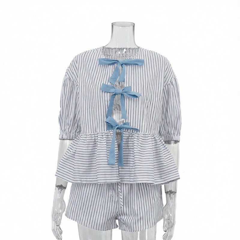 Women's Striped Casual Two-Piece Set Short Sleeve Top with Shorts - Image 2
