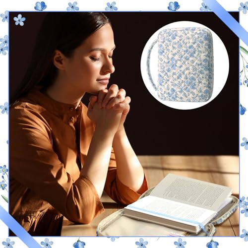 Aliceset حافظة إنجيل كبيرة للنساء من أليسيت 10.2"x7.9"x2.1" بتصميم زهور زرقاء من القطن المحشو، حقيبة واقية مع مقبض وجيب بسحاب لمستلزمات الدراسة المسيحية وهدايا الكنيسة - Image 5