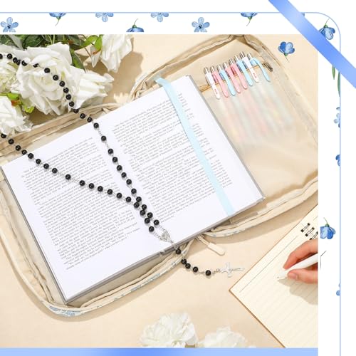 Aliceset حافظة إنجيل كبيرة للنساء من أليسيت 10.2"x7.9"x2.1" بتصميم زهور زرقاء من القطن المحشو، حقيبة واقية مع مقبض وجيب بسحاب لمستلزمات الدراسة المسيحية وهدايا الكنيسة - Image 2
