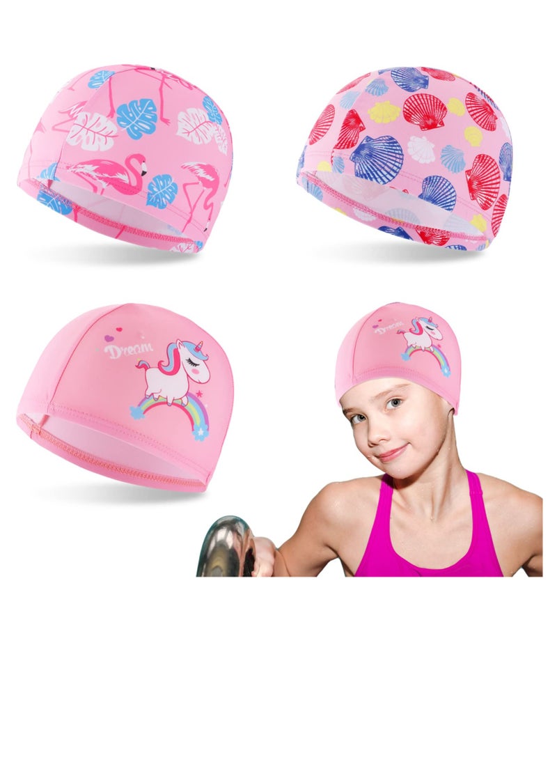 SOLARAE 3 Pack Kids Swim Caps - Waterproof Polyester Fabric Swimming Hats for Long Hair, Unisex Bathing Caps with Fun Designs (Seashell, Flamingo, Unicorn) - Flexible and Comfortable for Young Swimmers. - Image 5