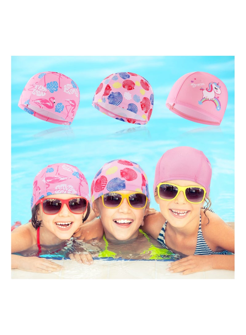 SOLARAE 3 Pack Kids Swim Caps - Waterproof Polyester Fabric Swimming Hats for Long Hair, Unisex Bathing Caps with Fun Designs (Seashell, Flamingo, Unicorn) - Flexible and Comfortable for Young Swimmers. - Image 3