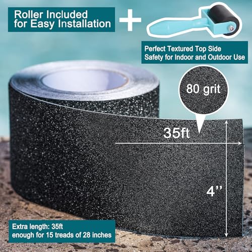 Leyibo Anti Slip Tape, 4 Inch x 35 Ft Grip Tape for Stairs Outdoor/Indoor, Waterproof Non Skid Roll for Stair Treads Non Slip, High Traction Friction Abrasive Adhesive Stair Steps - Black - Image 3