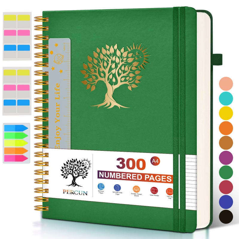 PERCUN Large Spiral Notebook Journal for Women Men - 300 Numbered Lined Pages, College Ruled, A4 Hardcover Spiral Bound Notebook for School, Work, Note Taking, Writing, Leather Spiral Journal 8.5"x11" - Image 1