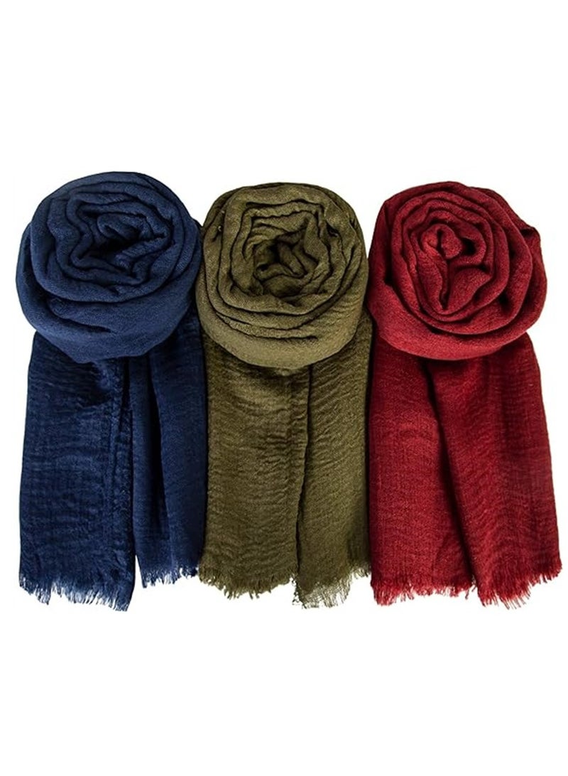 KASTWAVE Scarfs for Women, 3 Pieces Soft Keep Warm Scarf Shawl Lightweight Long Fashion Wraps for All Season Cotton and Linen Monochrome Turban Scarf (Navy Blue/Green/Burgundy) - Image 3