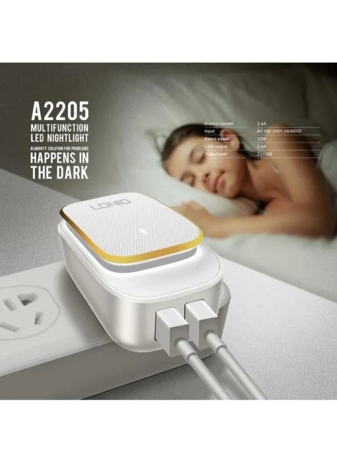 LDNIO - شاحن سريع عالي الجودة A2205 بمنفذ USB مزدوج ومقبس أوروبي مع مصباح LED يعمل باللمس وكابل شحن Lightning - أبيض - Image 1
