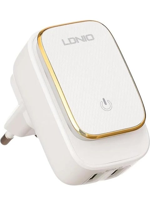 شاحن سريع عالي الجودة A2205 بمنفذ USB مزدوج ومقبس أوروبي مع مصباح LED يعمل باللمس وكابل شحن Lightning - أبيض