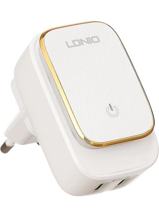 LDNIO - شاحن سريع عالي الجودة A2205 بمنفذ USB مزدوج ومقبس أوروبي مع مصباح LED يعمل باللمس وكابل شحن Lightning - أبيض - Image 1